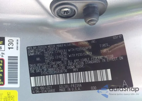 2017 Toyota Sienna Se Premium 8 Passenger z USA, uszkodzony, nr VIN 5TDXZ3DC3HS838736